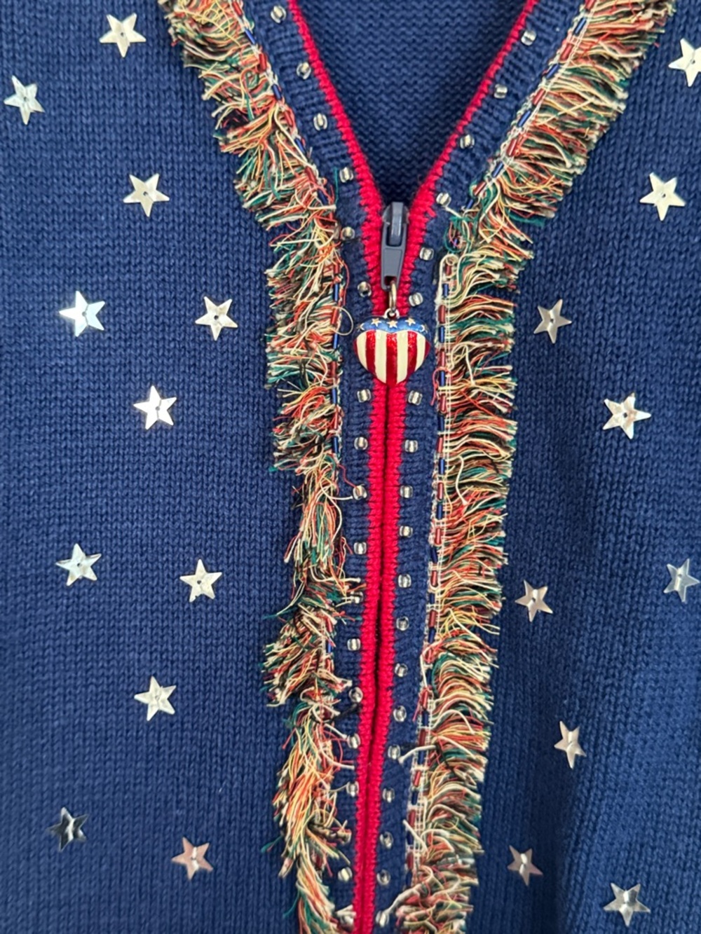 Storybook Knits Navy Blue Cardigan with Red Trim patriotic metallic stars - Picture 8 of 10